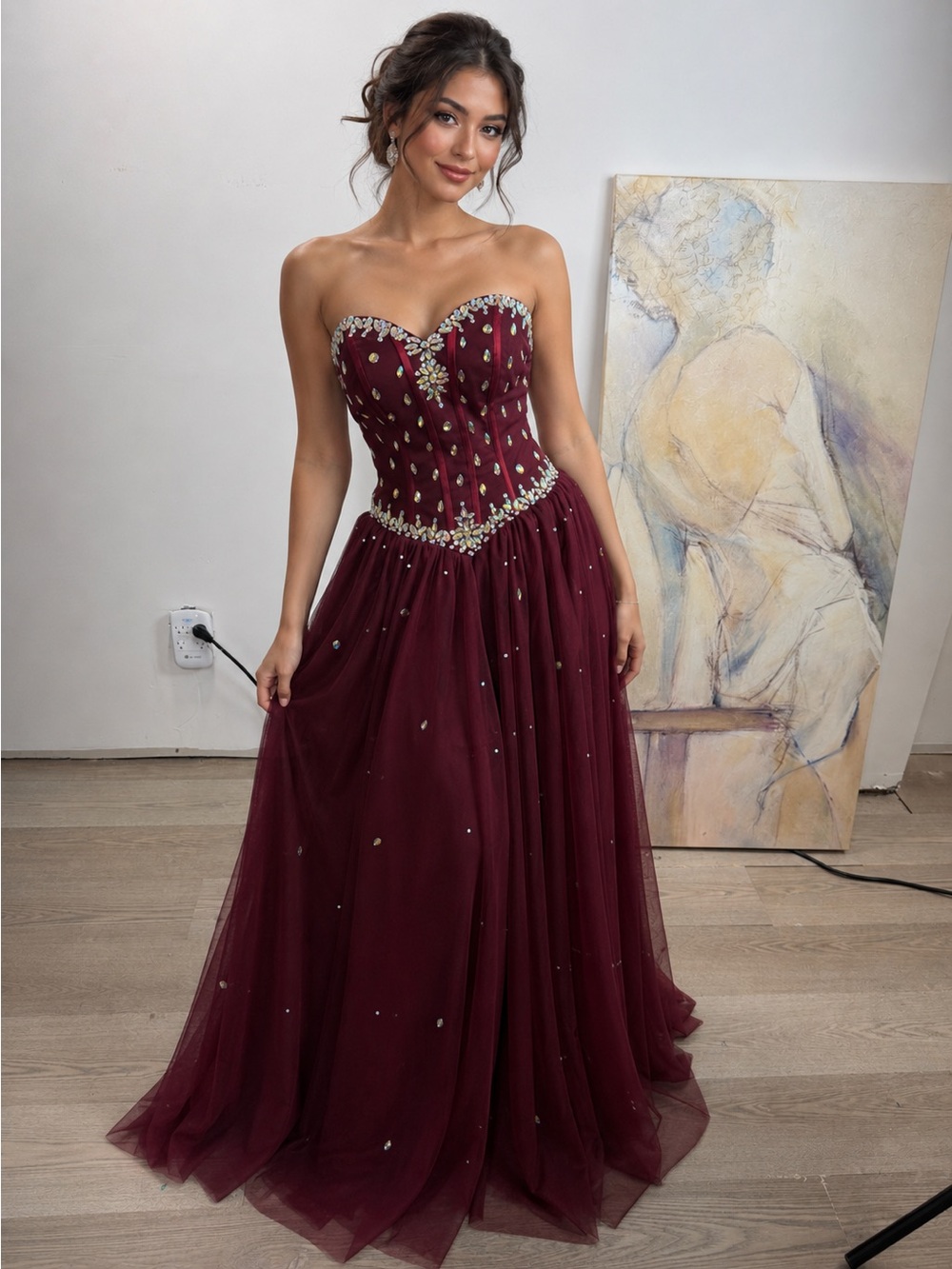 Strapless Burgundy Evening Gown with Embellished Bodice